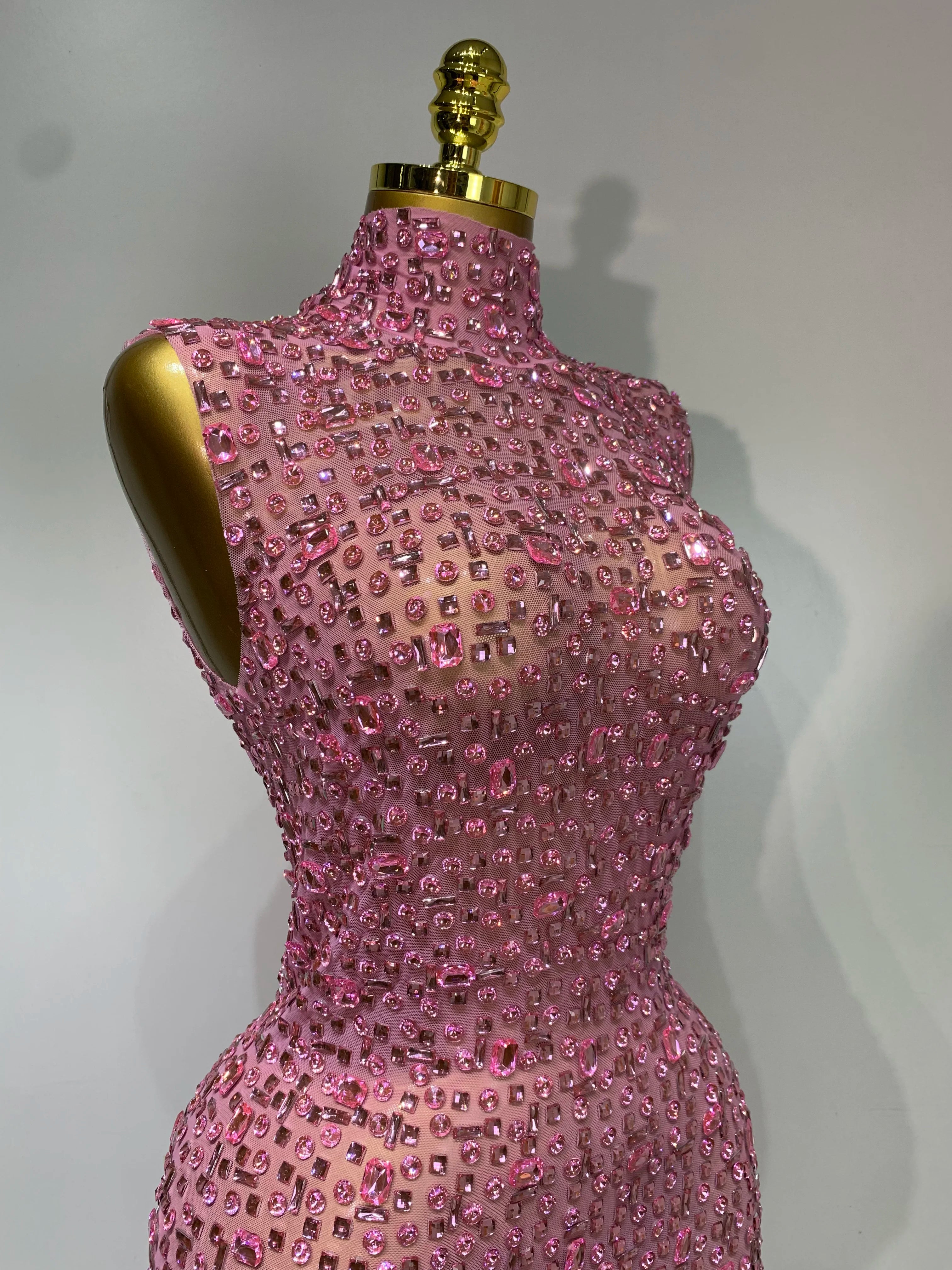 Sparkly Rhinestone Sleeveless Maxi Long Dress See-Through Sheer Mesh Stage Outfit