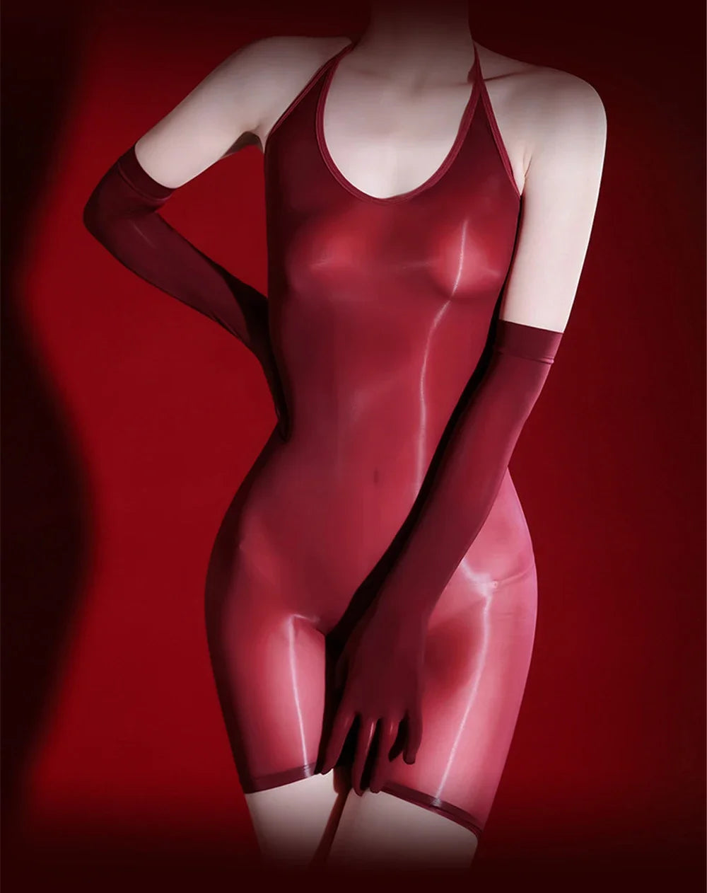 Women 5D Thin Oil Shiny Smooth Bodysuit Stripe Sleeveless Elastic Tights Yoga Shaping Backless Playsuit Maid Leotard With Glove