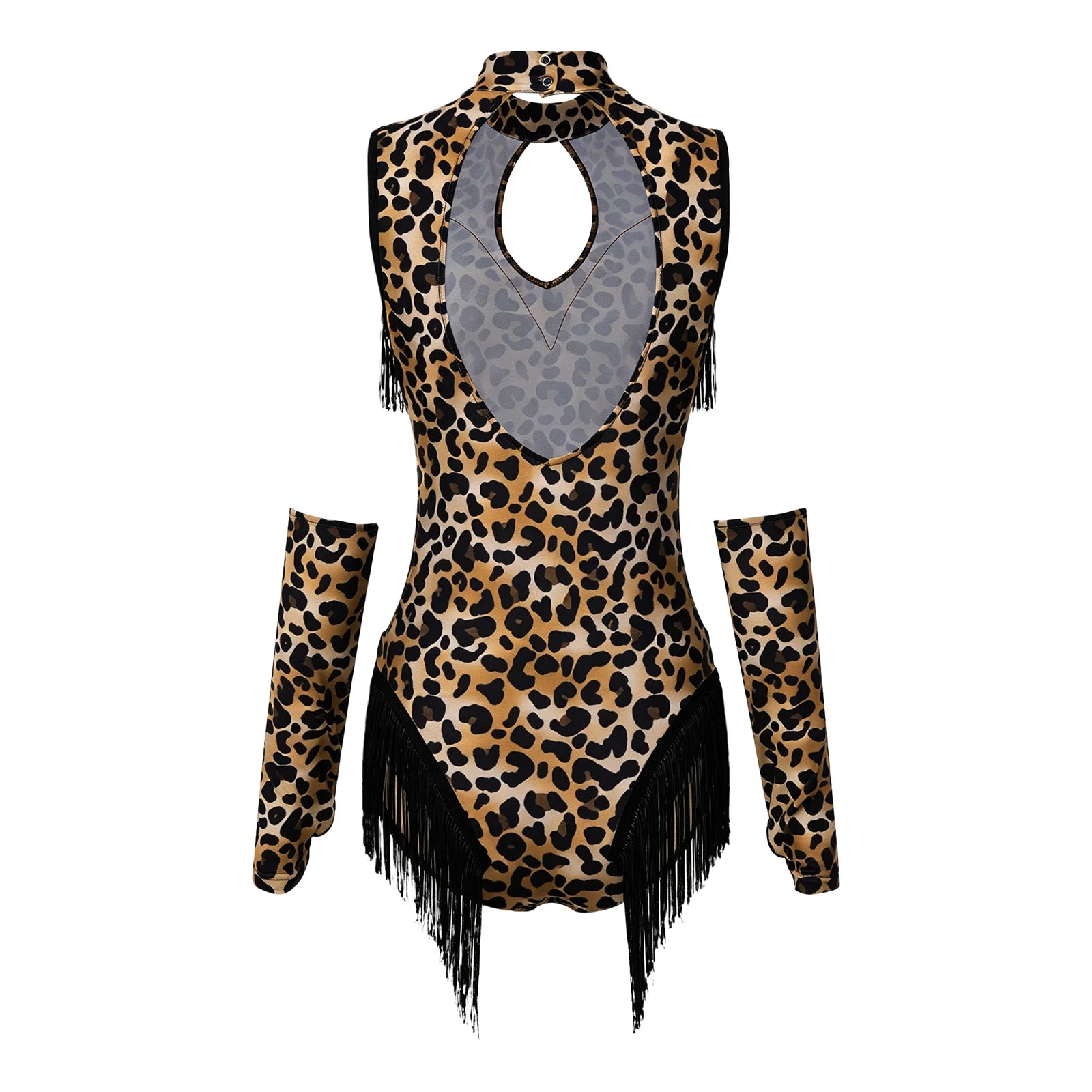 Leopard Cutout Bodysuit & Fringe Sleeves 2-Piece Latin Ballroom Stage Costume Set
