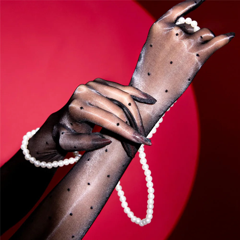 Sexy Women 1D Dot Ultra Thin Five Finger Long Glove Oil Shiny Glossy Sun Protection Glove Elastic Party Wedding Luxury Glove