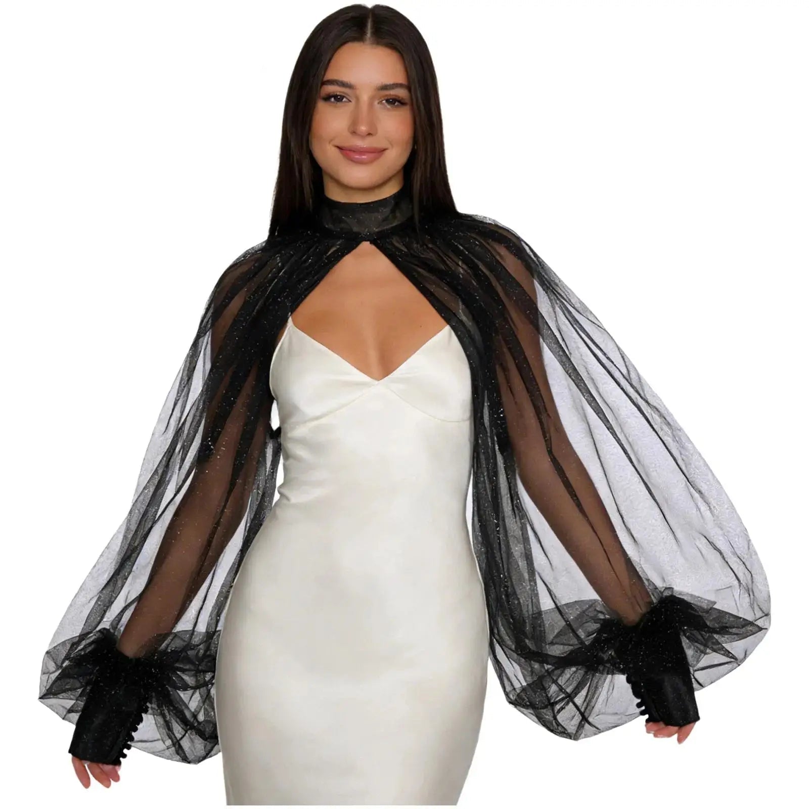 Shimmering Mesh Lantern Sleeve Bolero Shrug & See-Through Mock Neck Top