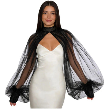 Shimmering Mesh Lantern Sleeve Bolero Shrug & See-Through Mock Neck Top