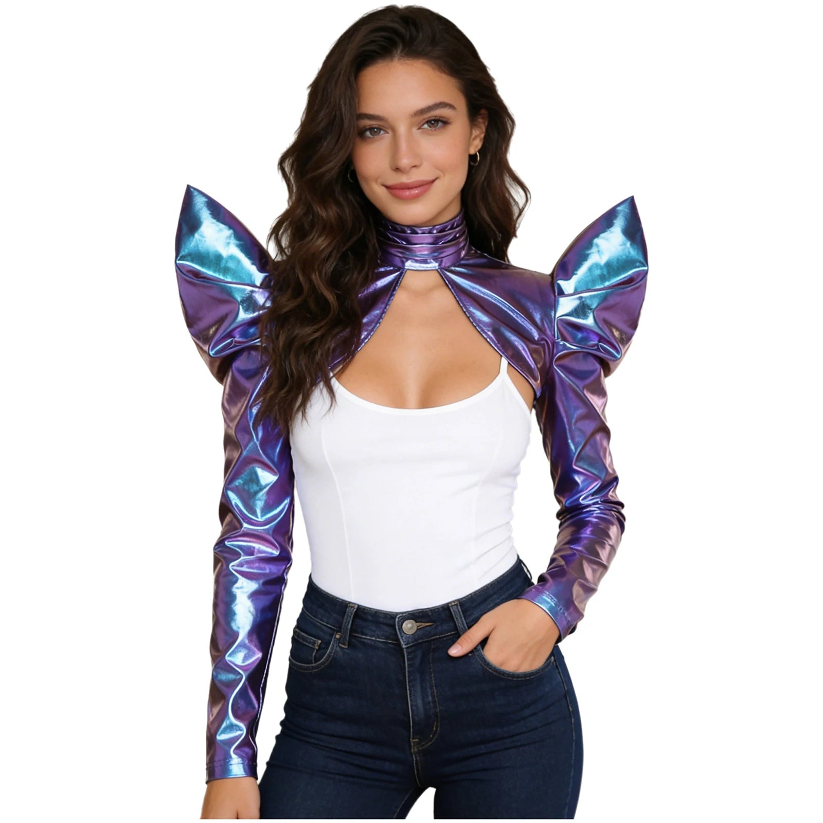 Metallic Shoulder Armor Shrug Crop Top & Sleeves Futuristic Pauldron Stage Costume