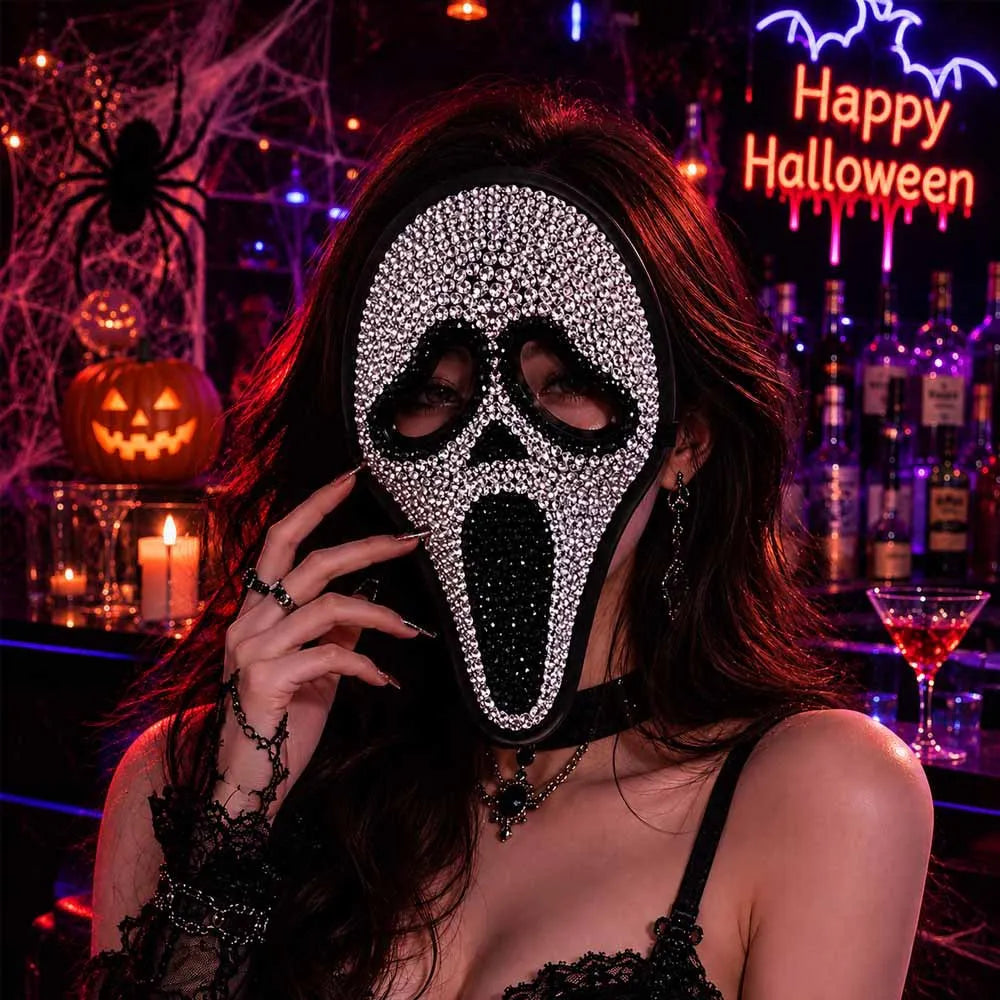 Rhinestone Halloween Horror Mask Glitter Scream Skull Clown Full Face Mask