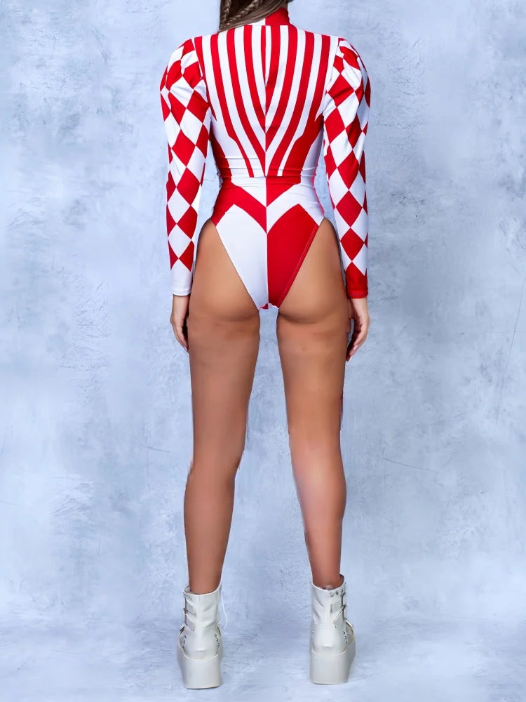 Dark Harlequin Clown Puffed Sleeve Bodysuit Sexy Circus Jester Stage Dance Costume