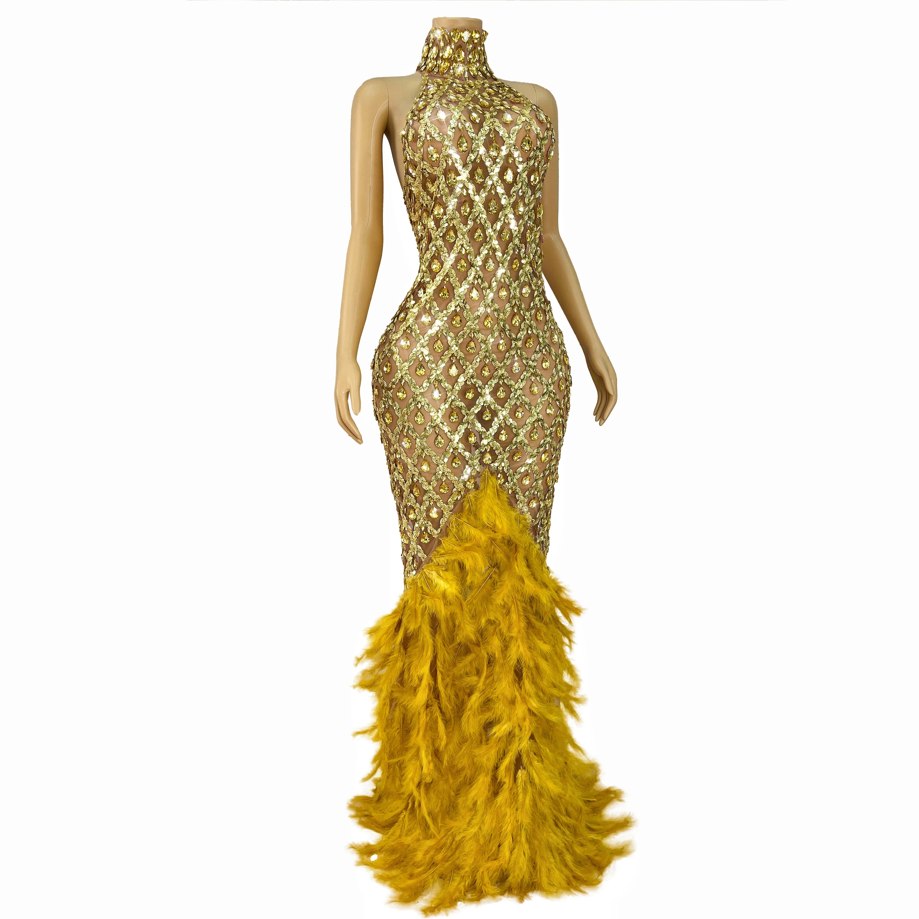 Sparkly Rhinestone Feather Sheer Mesh Evening Gown Stage Fashion Show Outfit