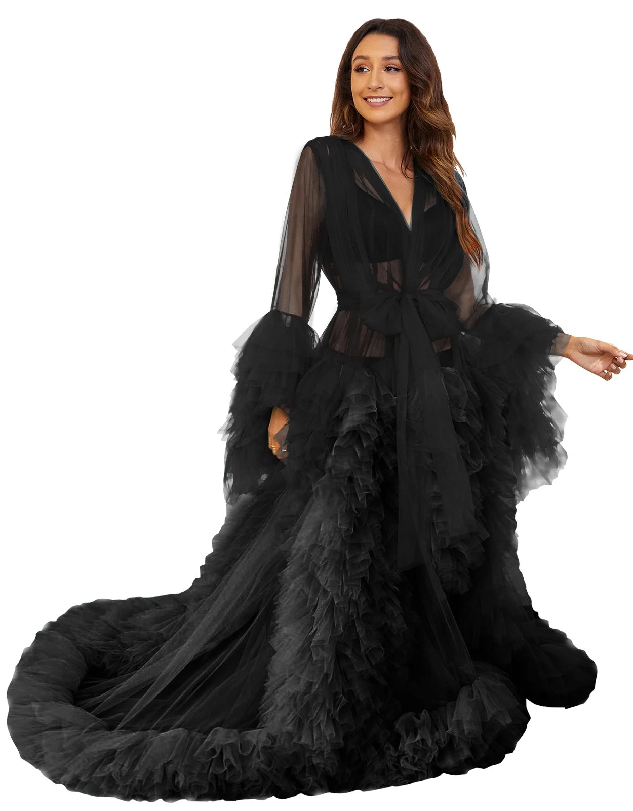 Voluminous Illusion Tulle Ruffle Long Robe Dressing Gown