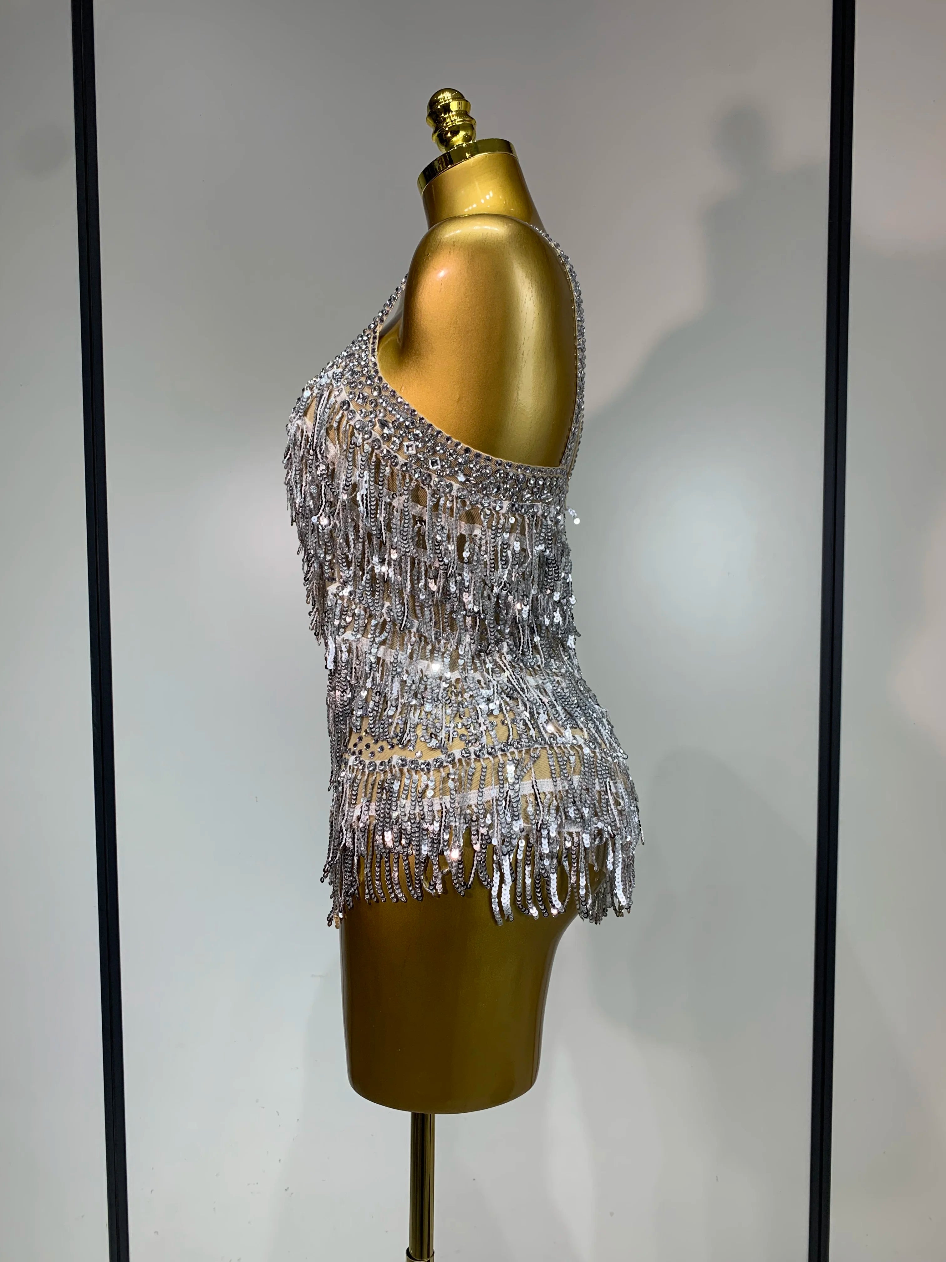 Sparkly Rhinestone Tassel Backless Mesh Bodysuit Luxury Stage Performance Costume