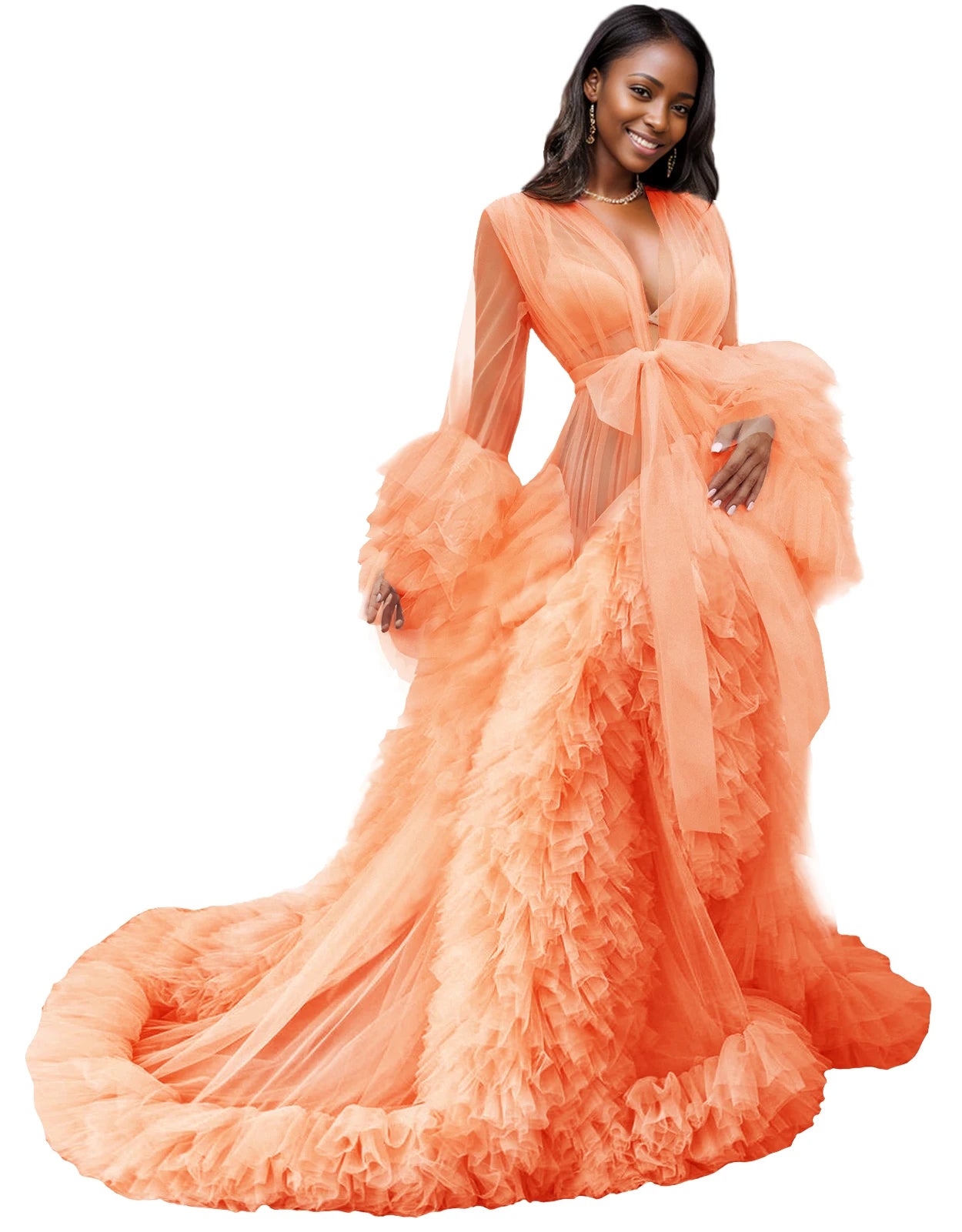 Voluminous Illusion Tulle Ruffle Long Robe Dressing Gown