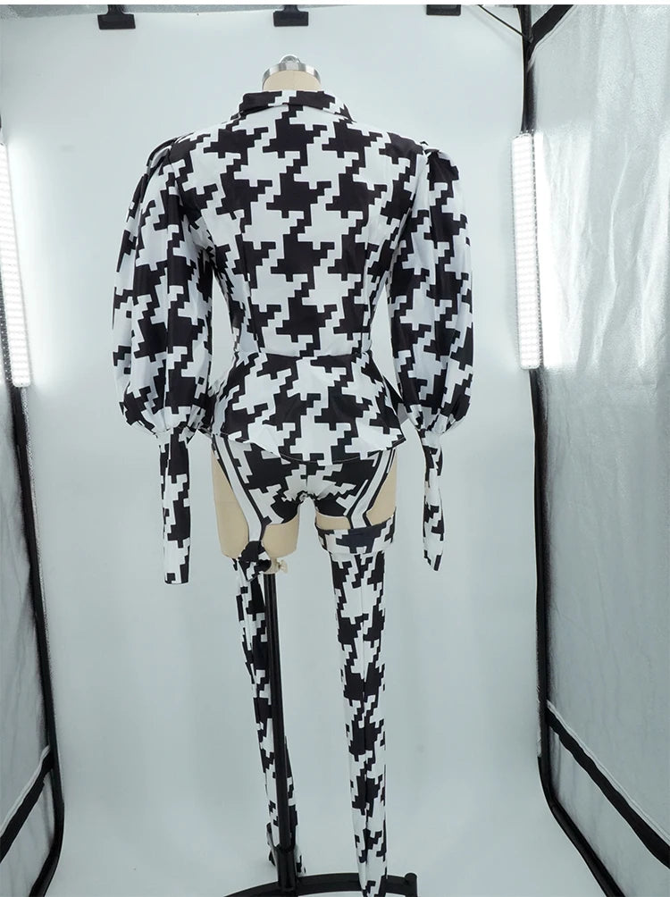 Houndstooth Geometric Print Bodysuit, Over-Knee Boots & Statement Hat 3-Piece Stage Costume Set
