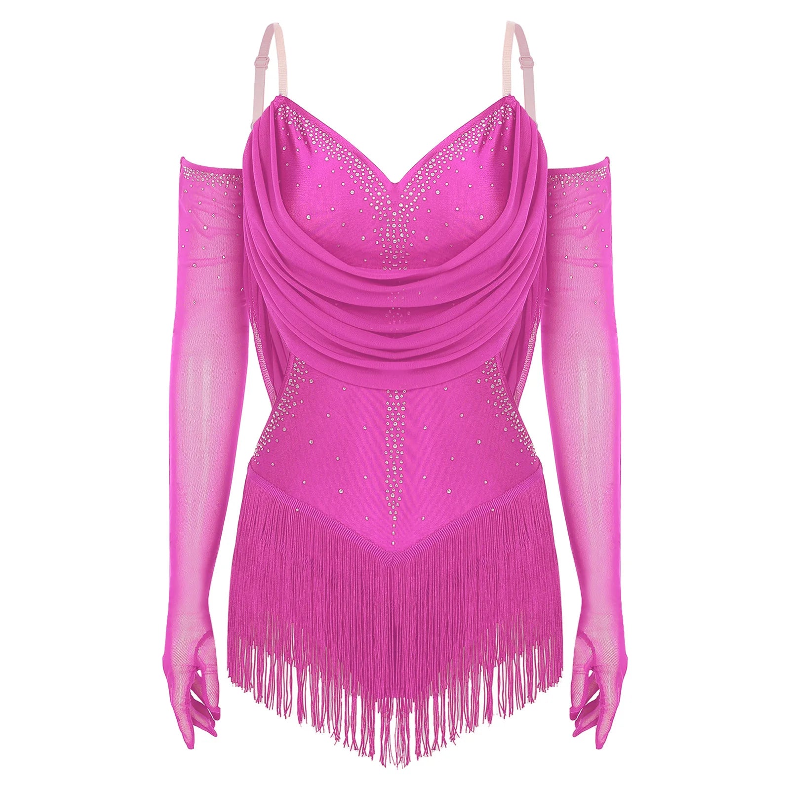 Sparkly Rhinestone & Tassel Fringe Dance Leotard with Gloves Two-Piece Stage Costume