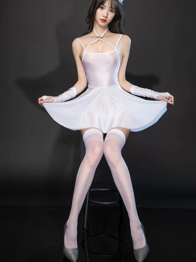Sexy Backless Satin Smooth Oil Glossy Pleated Micro MINI Dress Bandage Sleeveless Tight Uniform Maid Ruffled Dress Stage Wear