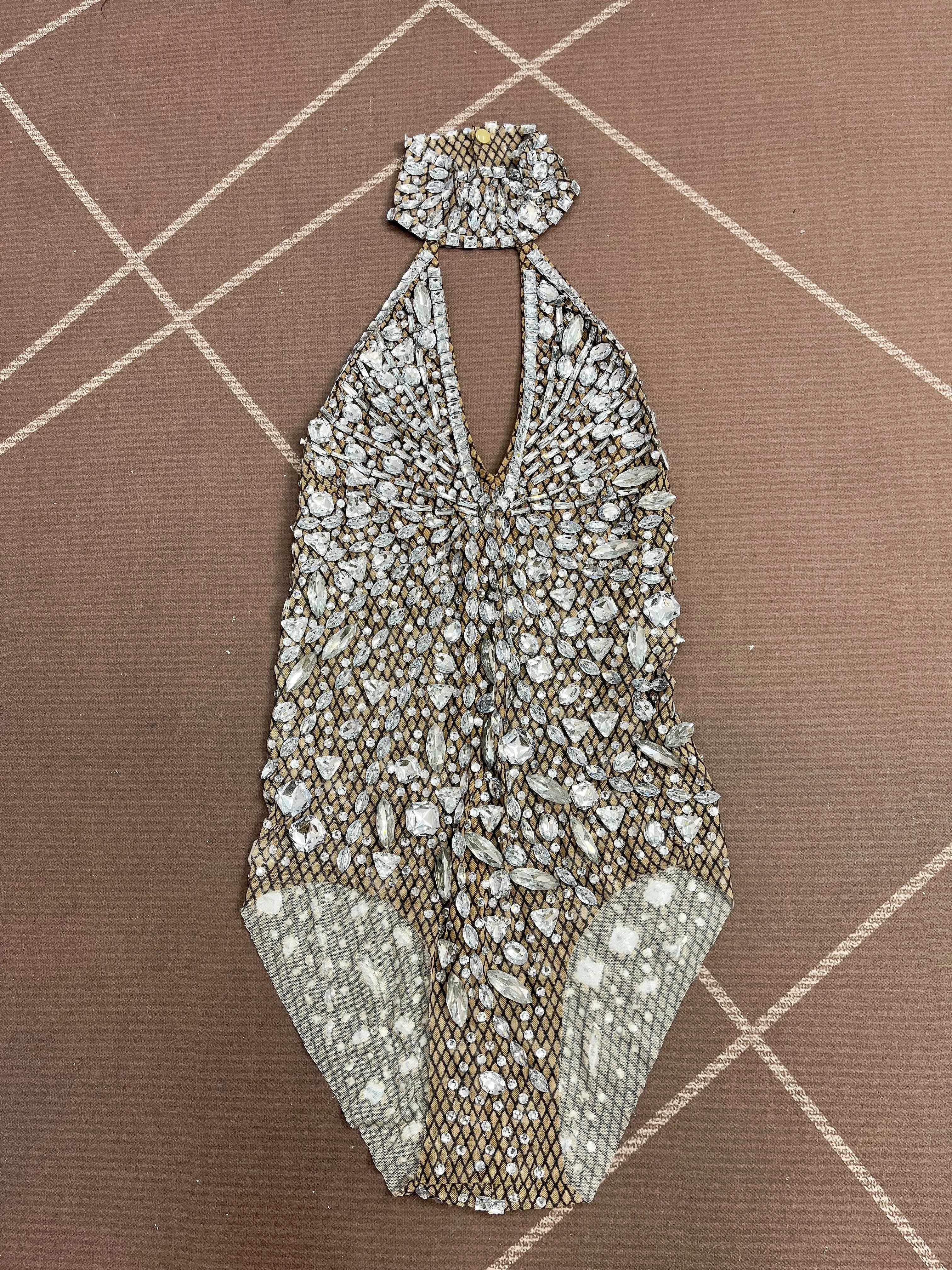 Silver Rhinestone High-Cut Backless Stage Bodysuit Dance Performance Leotard
