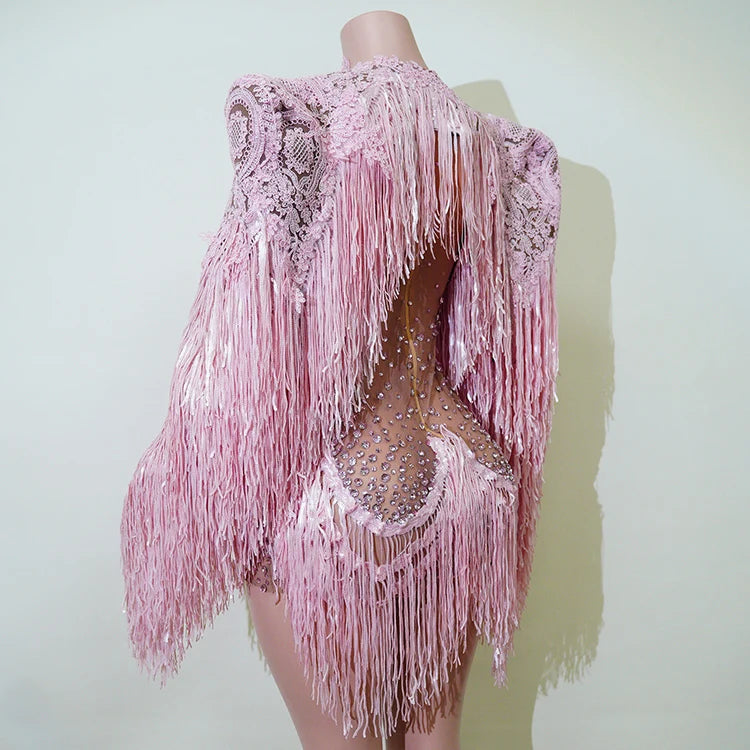 Rhinestone Tassel Fringe Jacket And Dress Costume Set