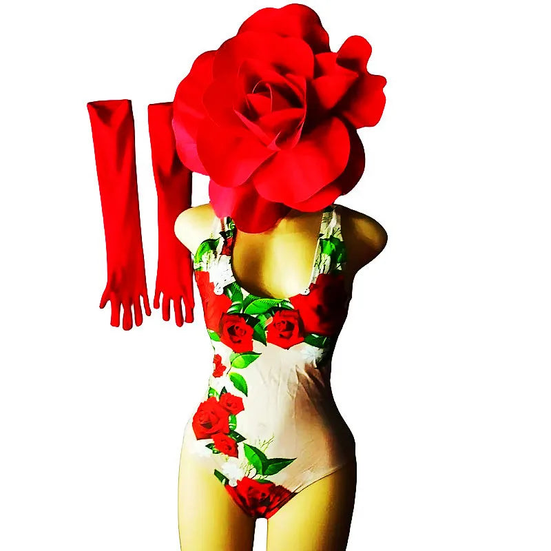 Scarlet Rose Floral Bodysuit, Opera Gloves & 3D Flower Headpiece 3-Piece Stage Costume Set