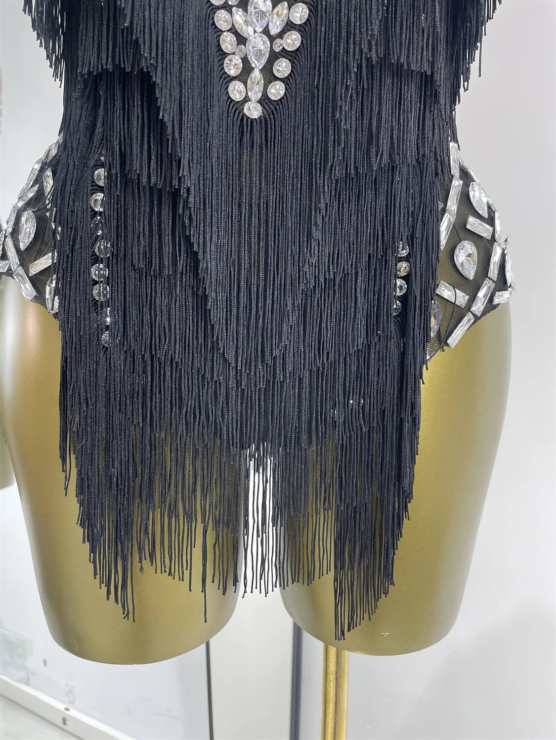 Women Black Bright Rhinestones Tassel Stretchy Mesh Thigh High Leotard Pole Dance Costumes Evening Party Club DJ Gogo Dress