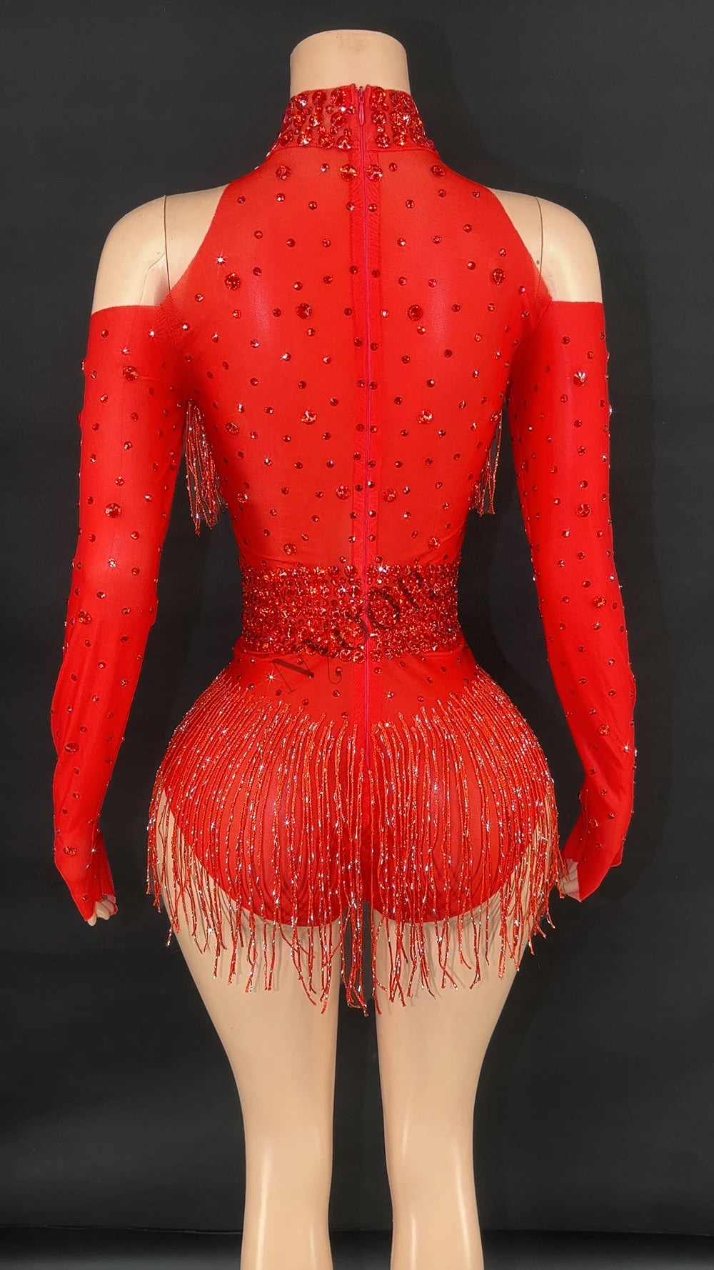 Sparkly Red Rhinestone & Fringe Long-Sleeve Mesh Bodysuit Dance Stage Costume