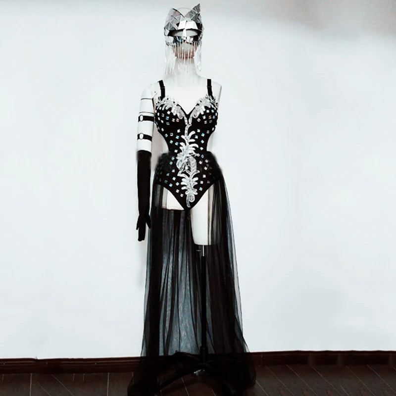 Silver Mirror Sequin Bodysuit & Dramatic Train Skirt Gogo Stage Costume Set