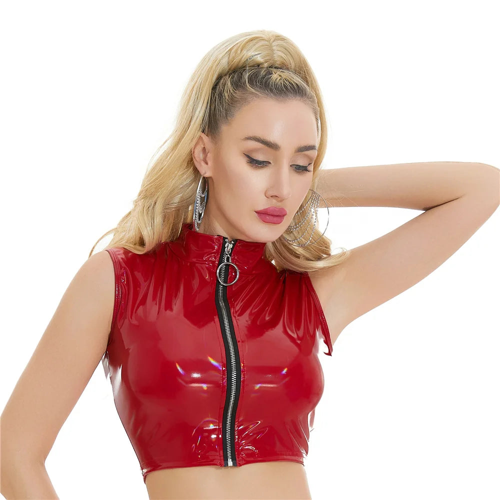 Sexy Women PVC PU Oil Glossy Shiny Short Vest Faux Leather Tank Top Punk Elastic Dance Tights Streetwear Costume Dance Wear