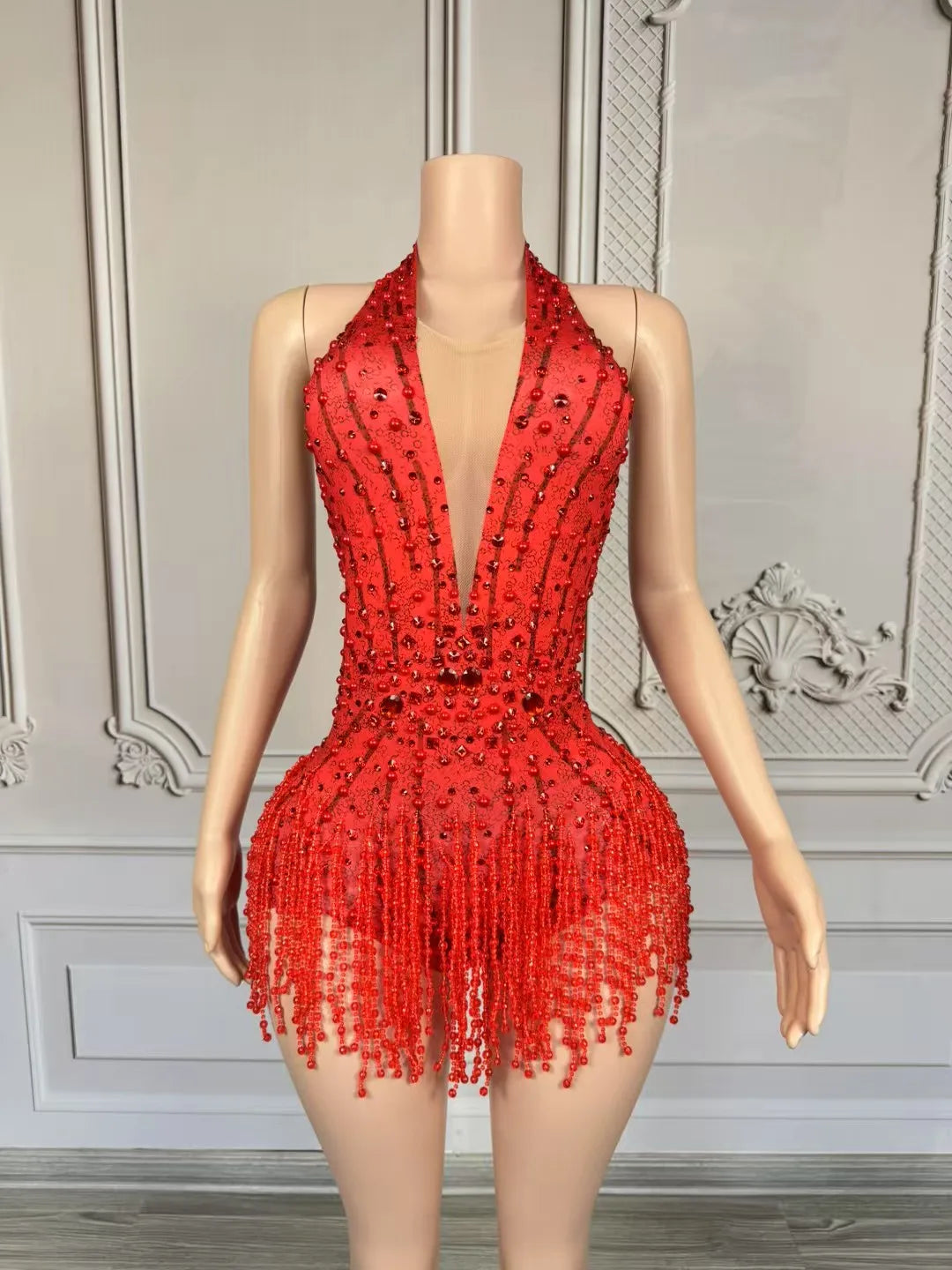 Crystal Rhinestone Fringe Sleeveless Bodysuit & Aerial Dance Leotard Costume