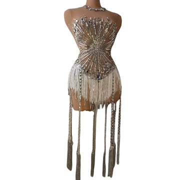 Sparkly Silver Rhinestone & Long Tassel Fringe Leotard Stage Performance Costume