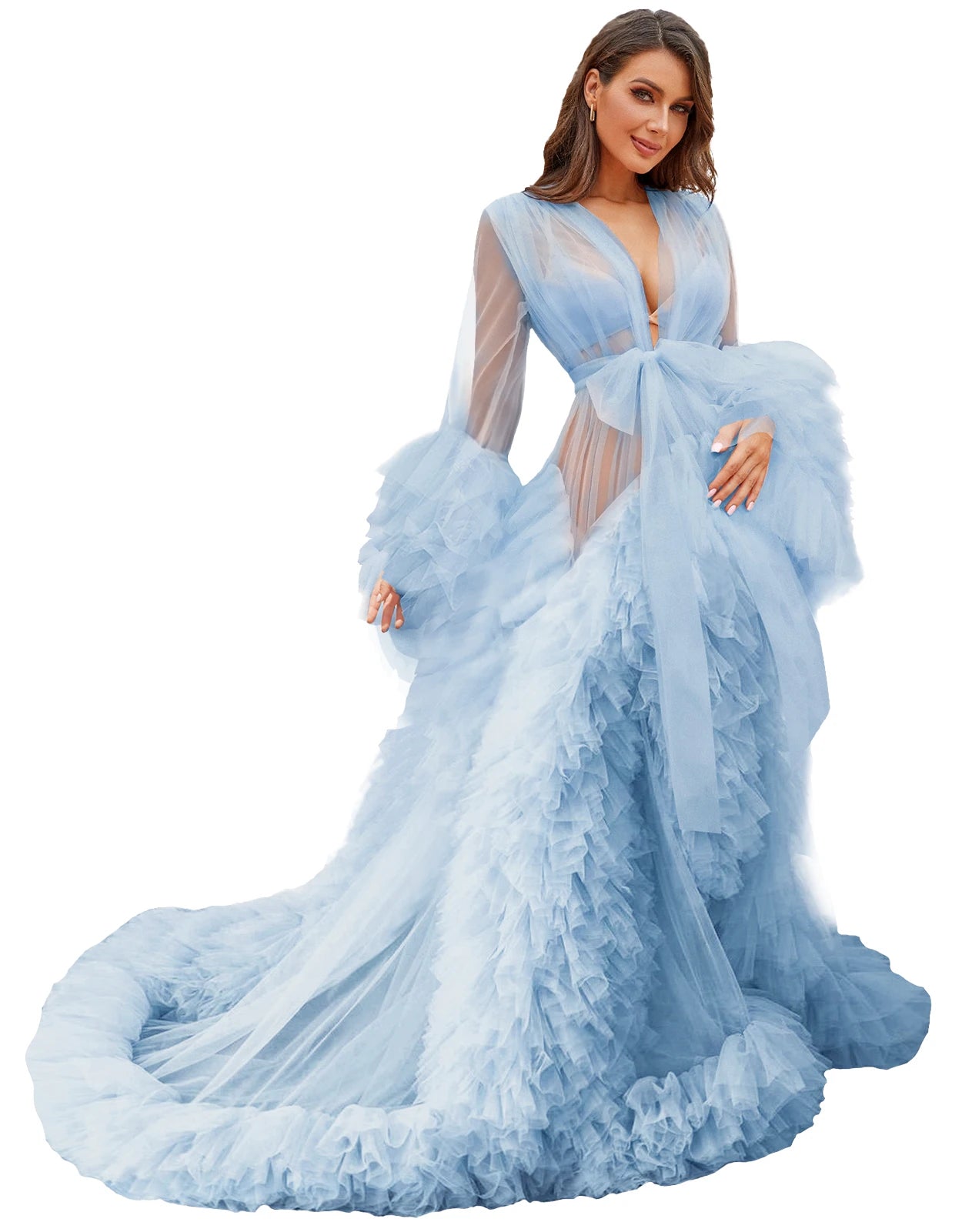 Voluminous Illusion Tulle Ruffle Long Robe Dressing Gown