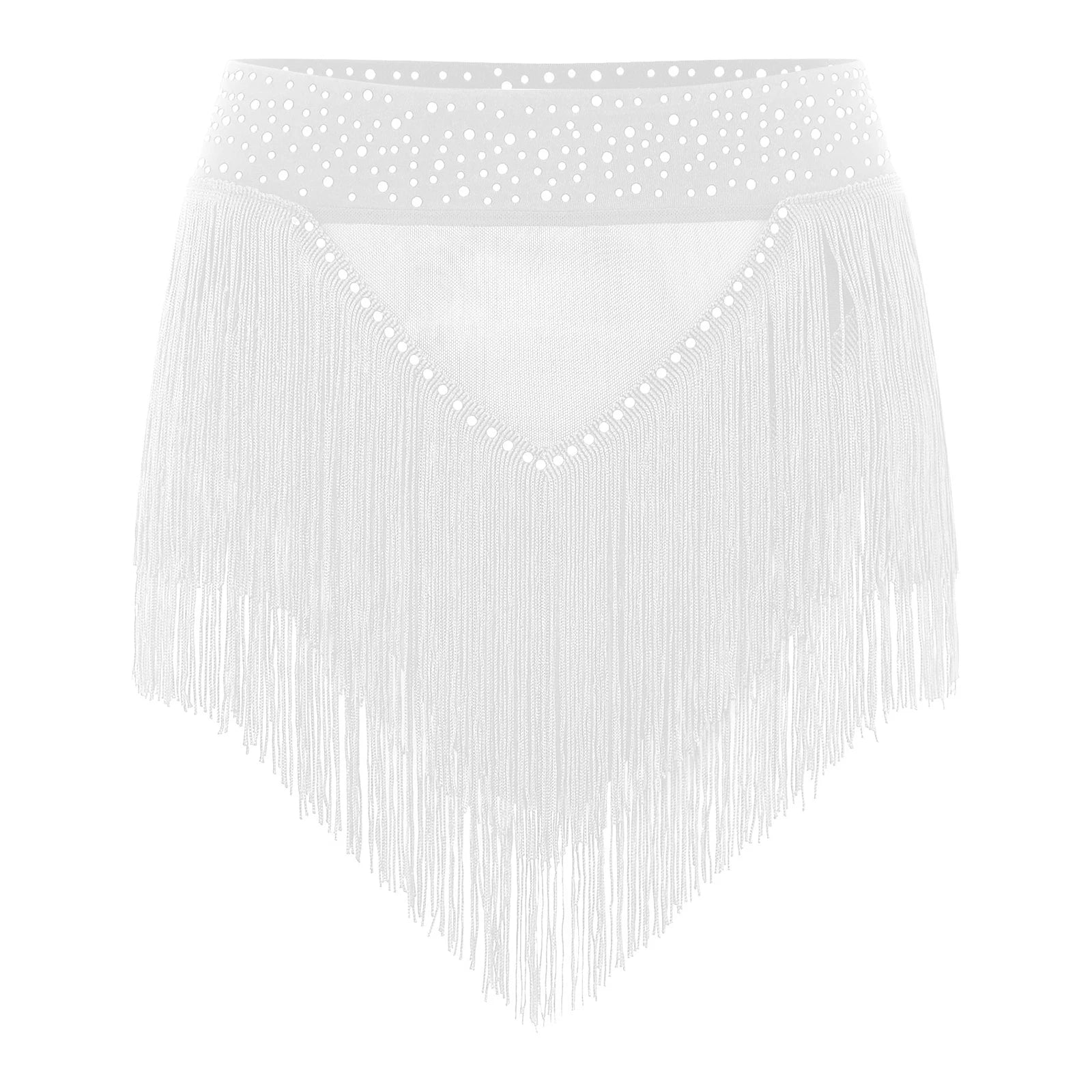 Rhinestone Tassel High-Waist Dance Shorts & Sheer Mesh Fringe Skirt