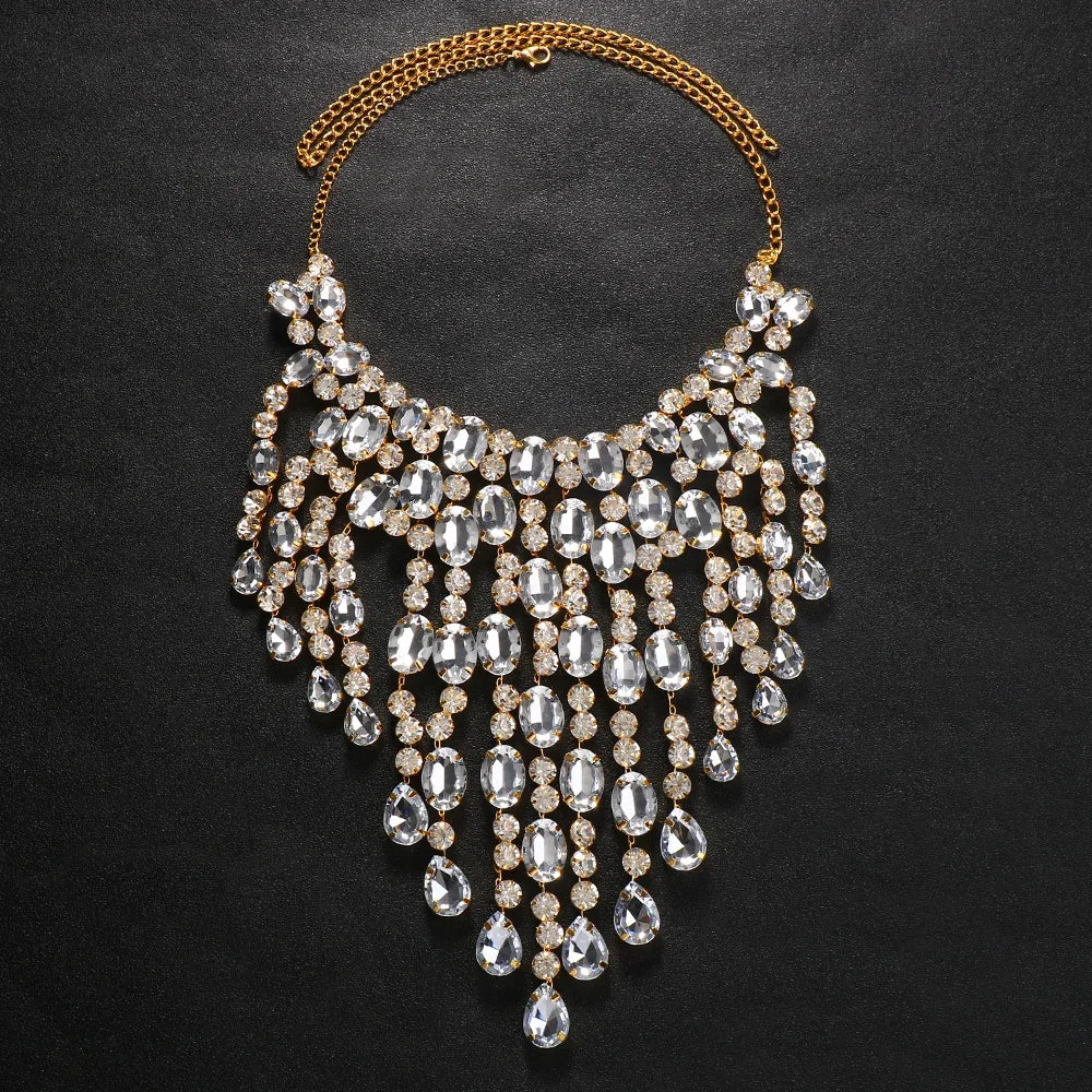 Oversized Rhinestone Fringe Choker Necklace