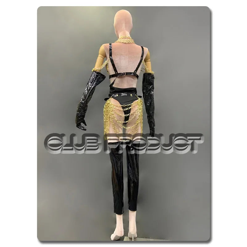 The Stardust Gilded Vixen – Black & Gold Chain Performance Suit