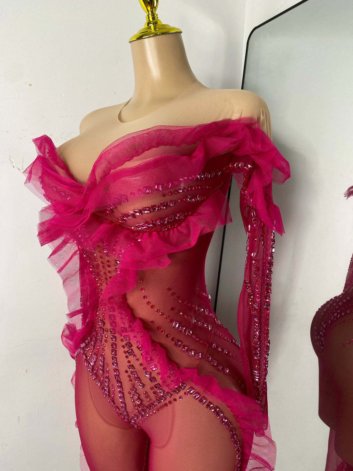 Sparkly Diamonds Women Long Sleeve See Through Mesh Tight Jumpsuit Costume Nightclub Dancer Outfit Performance Stage Wear