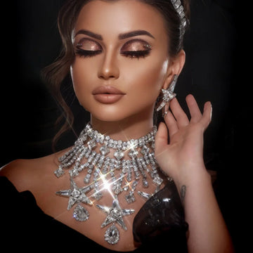 Pentagram Rhinestone Necklace & Earrings Set | Bridal Jewelry