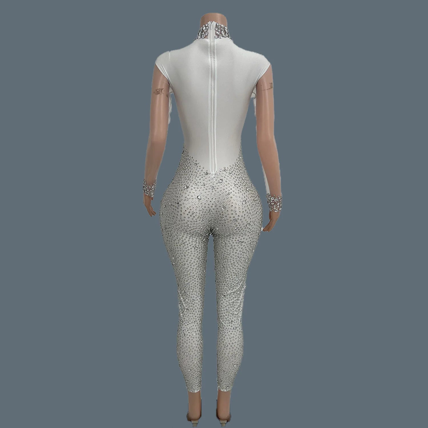 Sparkly Crystal Mesh Sheer Illusion Jumpsuit Stage Catsuit Costume