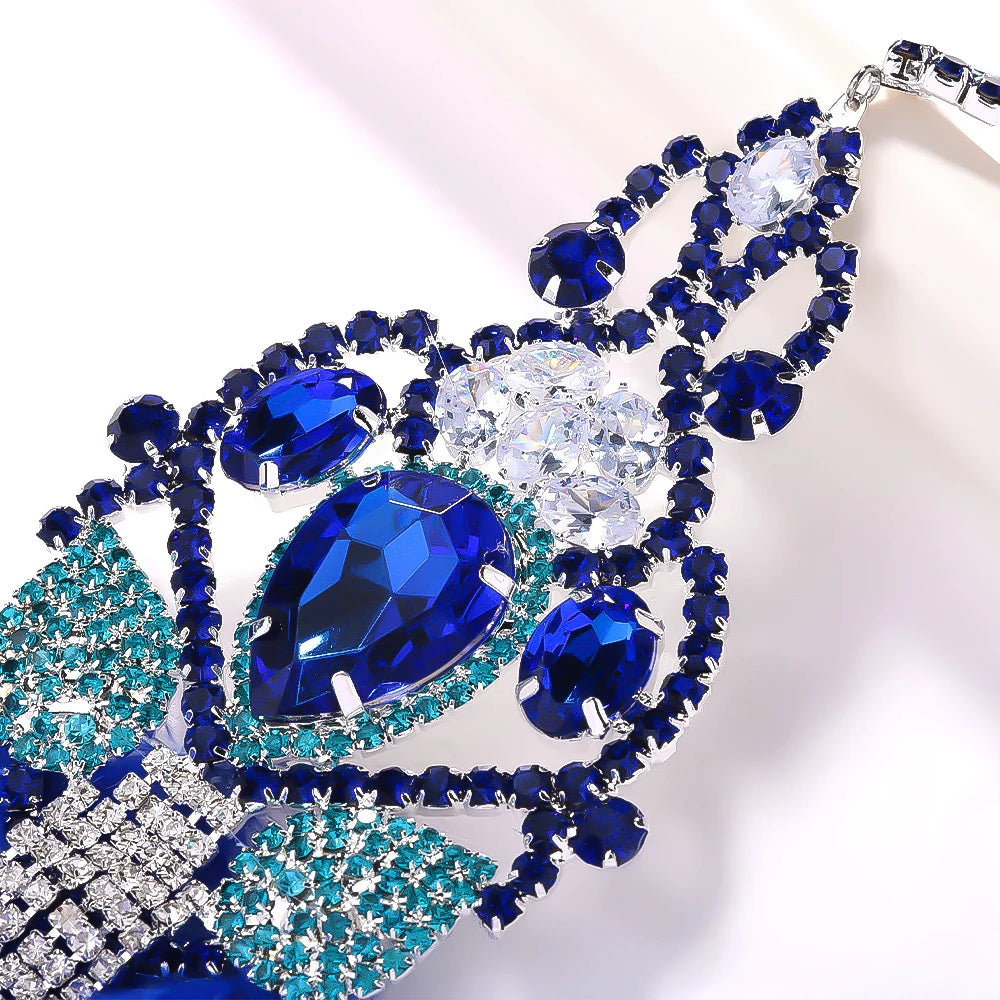 Sparkly Royal Blue Feather Rhinestone Tassel Dangle Earrings Stage Jewelry
