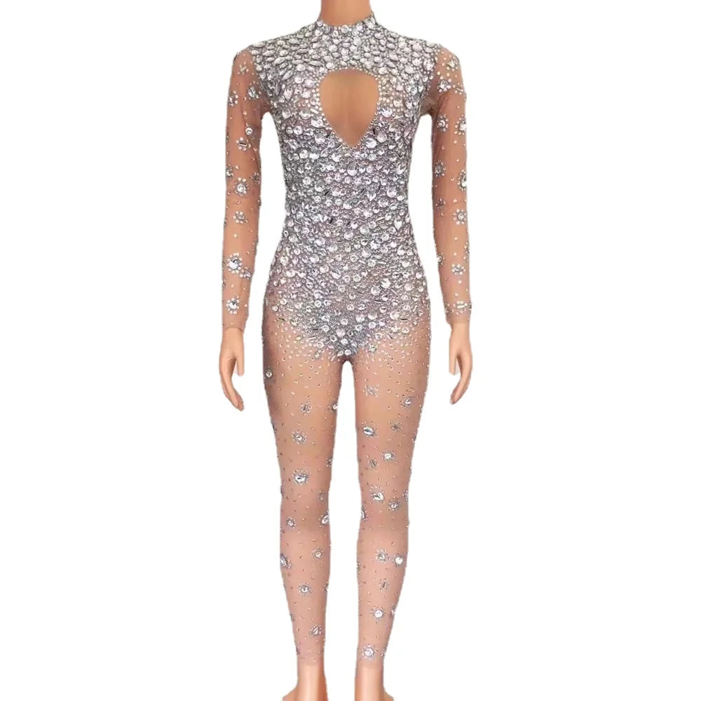 Sparkling Full Crystal Illusion Jumpsuit Long Sleeve Rhinestone Catsuit Stage Wear