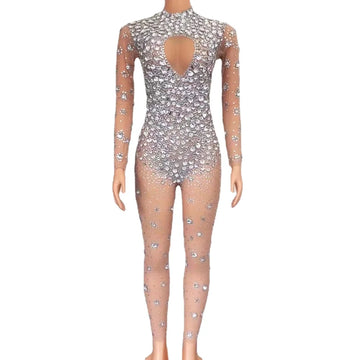 Sparkling Full Crystal Illusion Jumpsuit Long Sleeve Rhinestone Catsuit Stage Wear