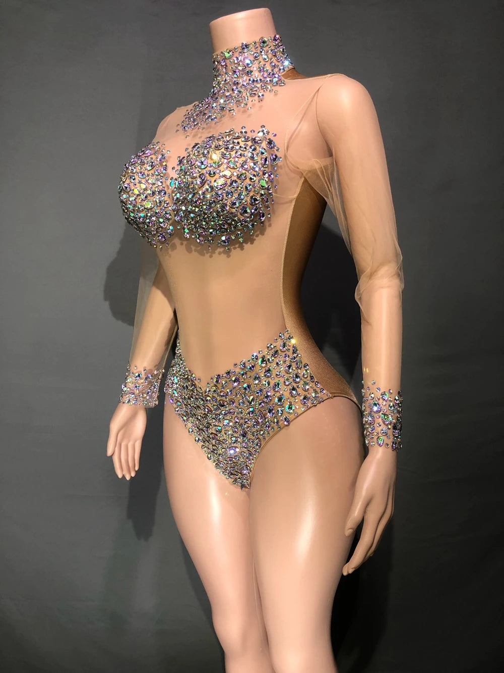 Sparkly AB Rhinestone Sheer Mesh Bodysuit & Stage Performance Costume