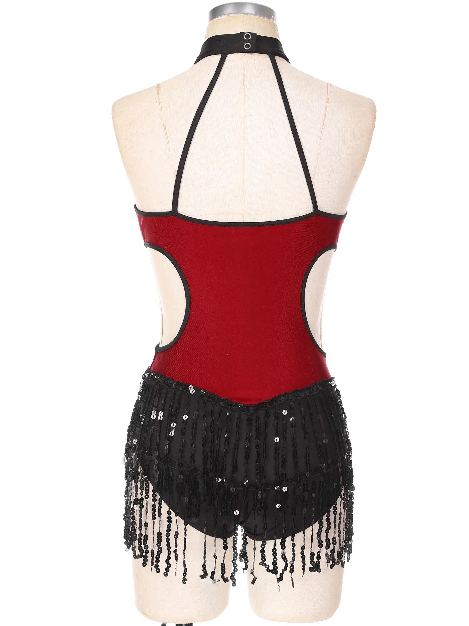 Sequined Fringe Latin Dance & Figure Skating Jumpsuit Leotard Set with Mesh Gloves