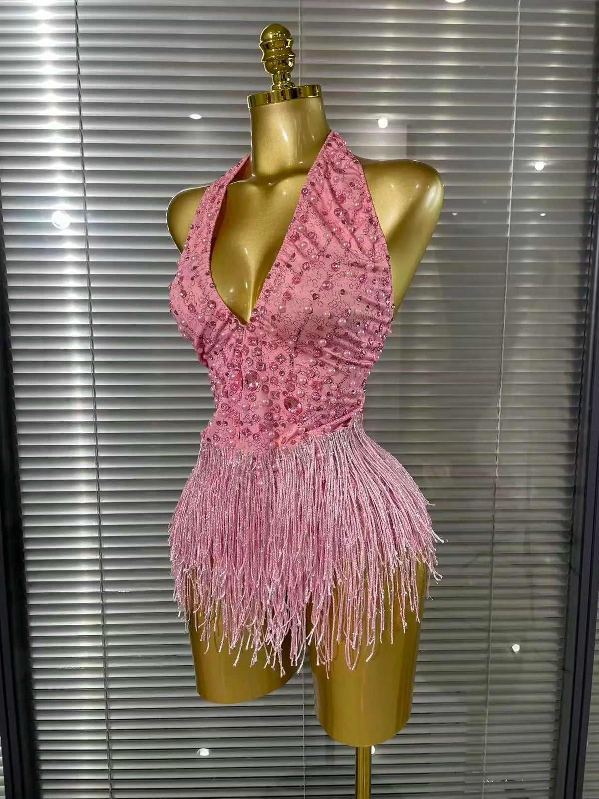 Vintage-Inspired Beaded Tassel Bodysuit Performance Costume