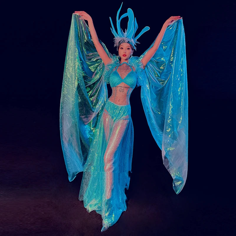 Siren of the Sea Sheer Ombré Gown & Sculpted Headdress Ocean Stage Costume Set