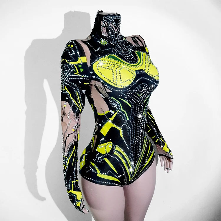 Futuristic Cyber Armor Rhinestone Bodysuit Mock Neck Sleeveless Stage Dance Costume