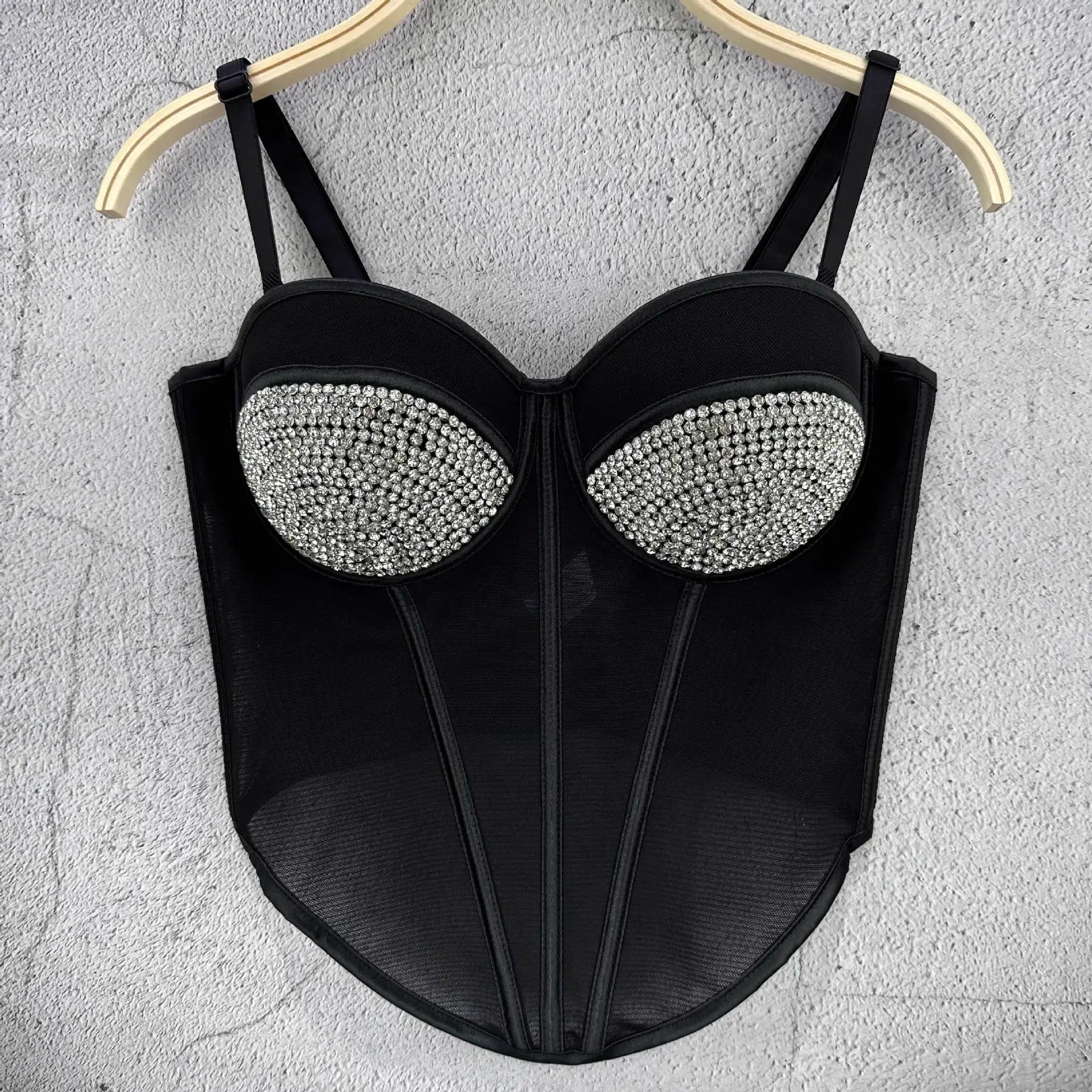Rhinestone Mesh Denim Bustier Corset Crop Top Push-Up Party Bralette