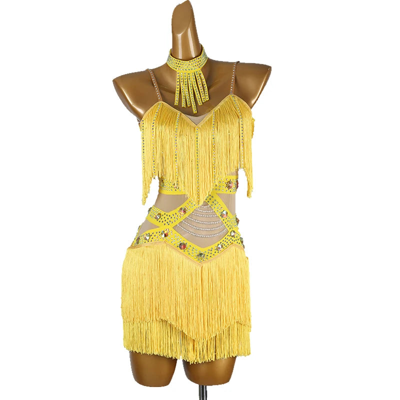 Professional Latin Dance Competition Dress & Tassel Fringe Performance Outfit