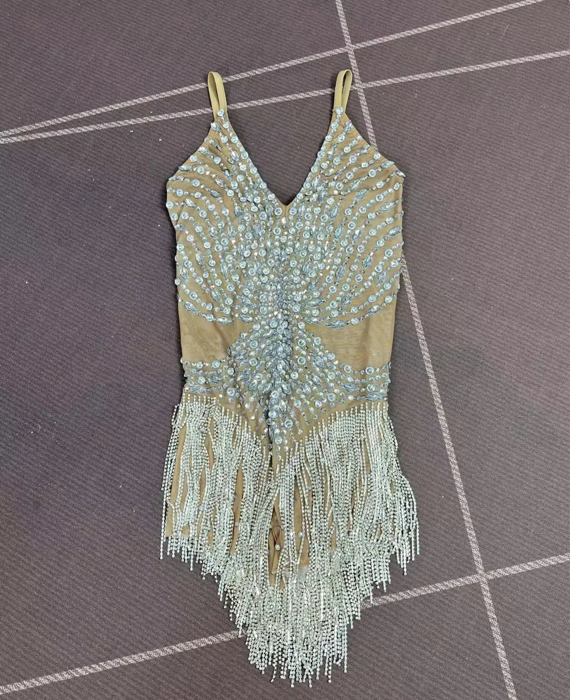 Sparkly Silver Rhinestone Tassel Sheer Mesh Stage Bodysuit Leotard Costume