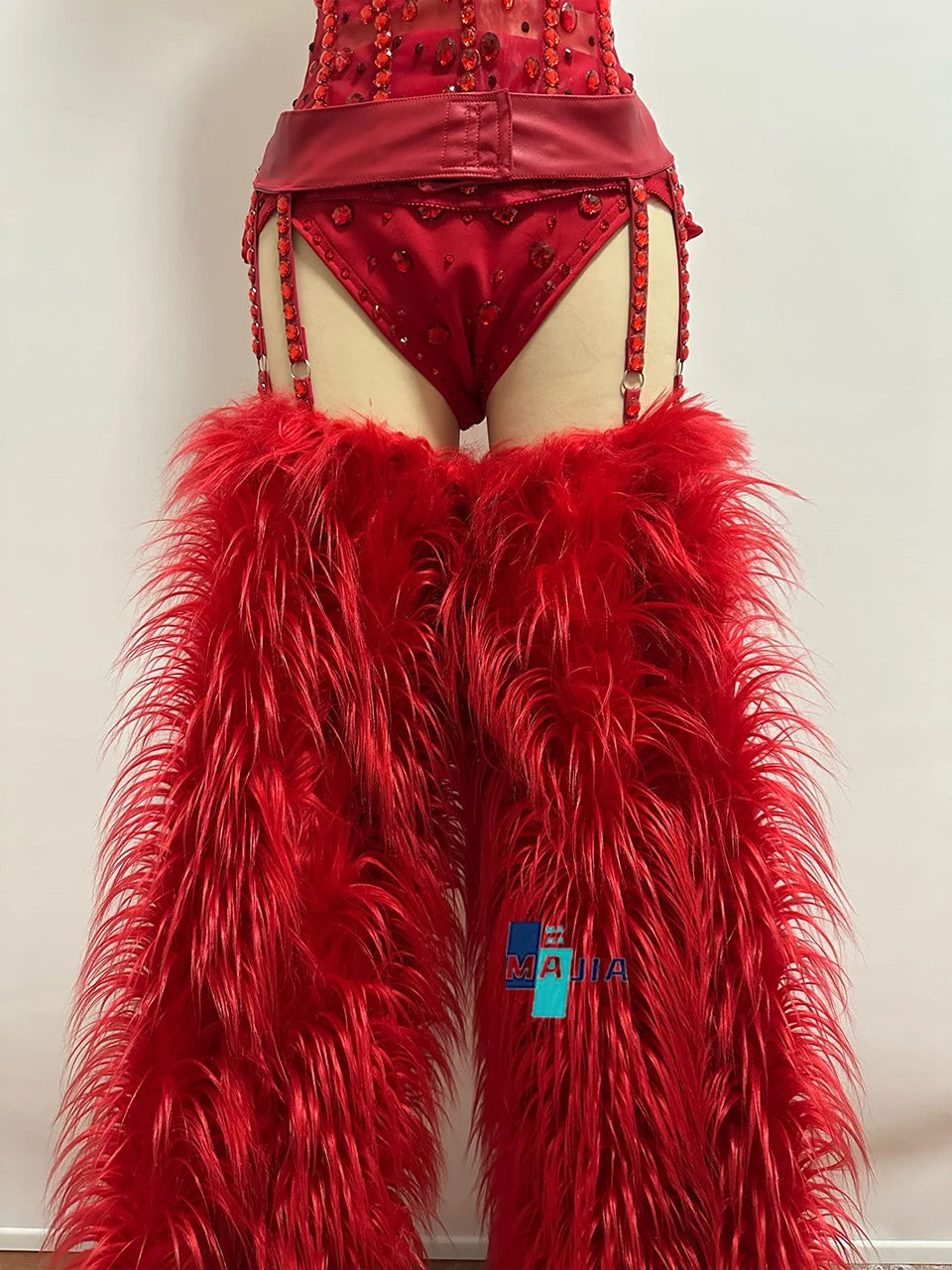 Crimson Red Crystal Corset Bodysuit, Feather Trailing Skirt & Cowgirl Hat 3-Piece Stage Costume Set
