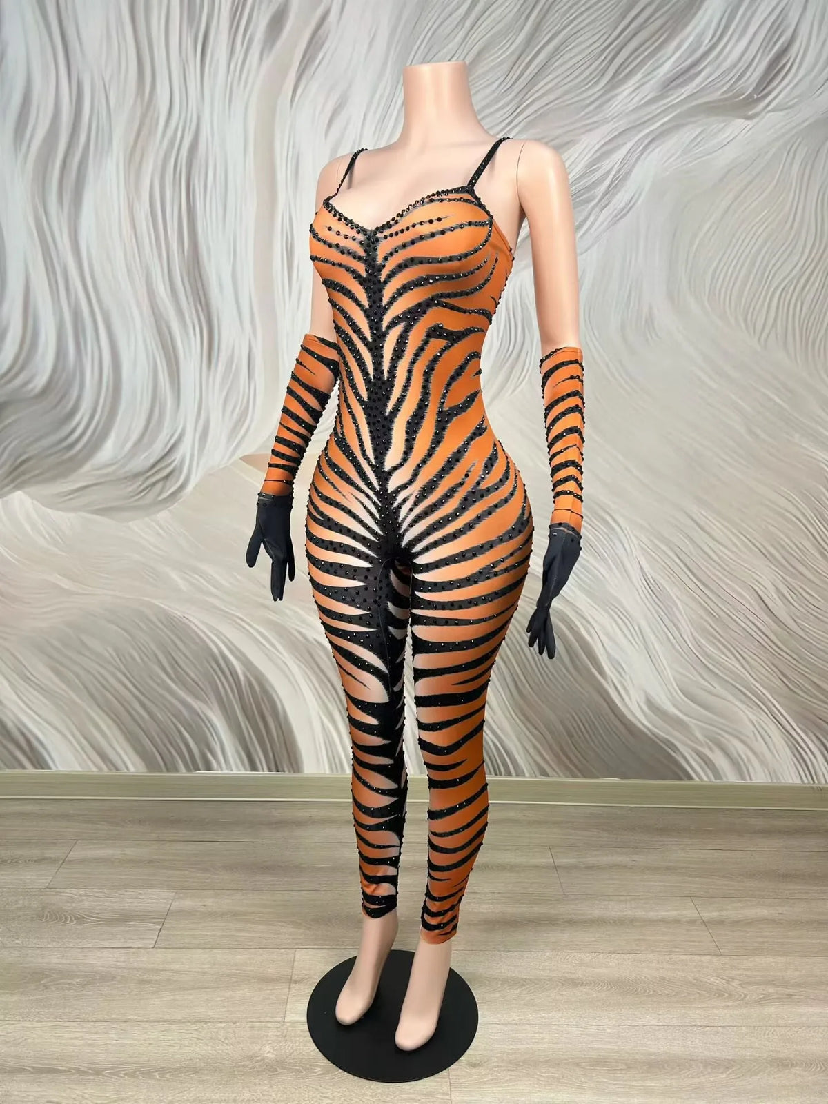 Women's Tiger Stripe Strapless Bodycon Jumpsuit | Sexy Stage Costume for Club, Festival & Halloween