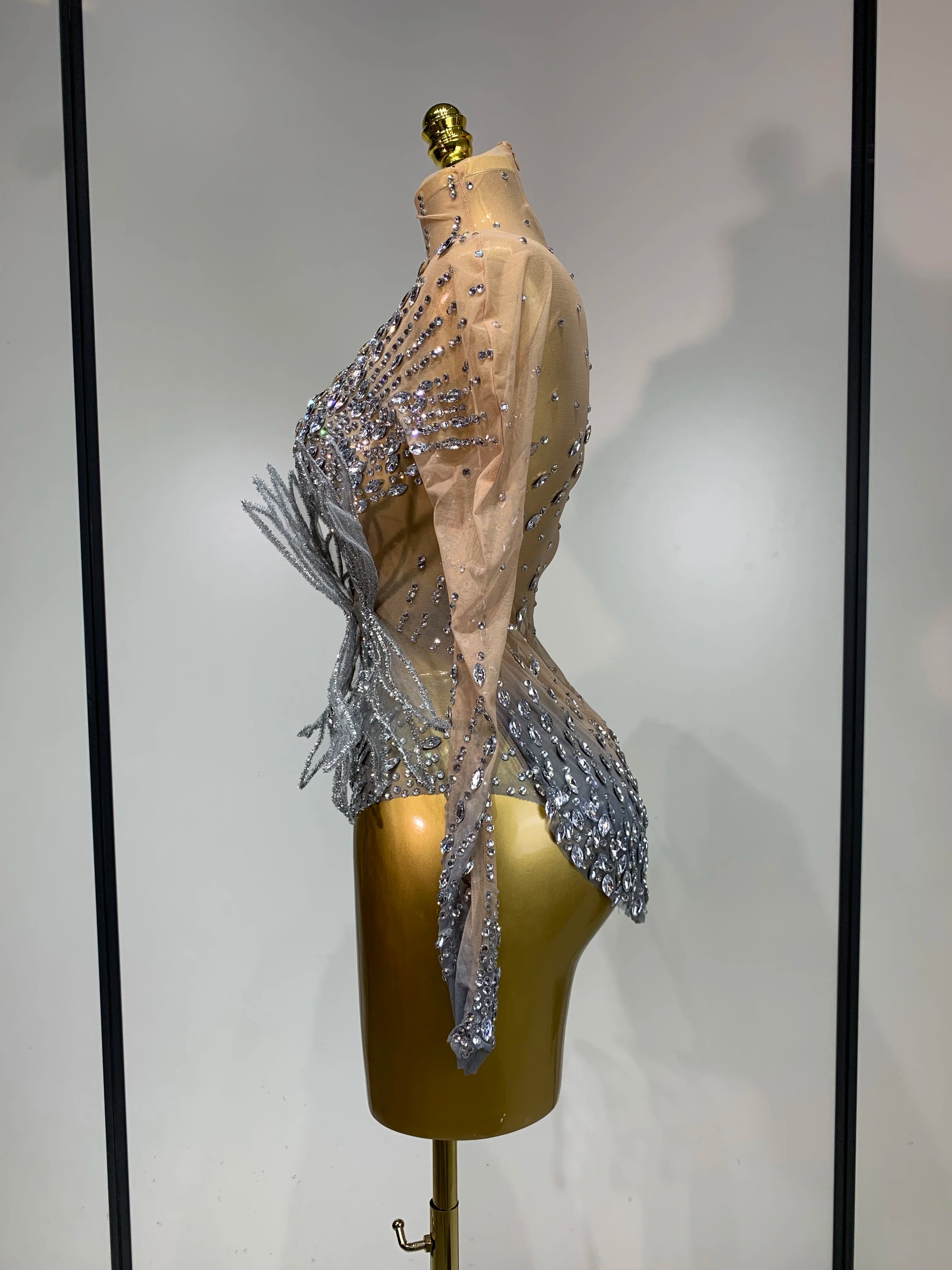 Luxury Shining Diamond See-Through Mesh Bodysuit Stage Performance Jumpsuit
