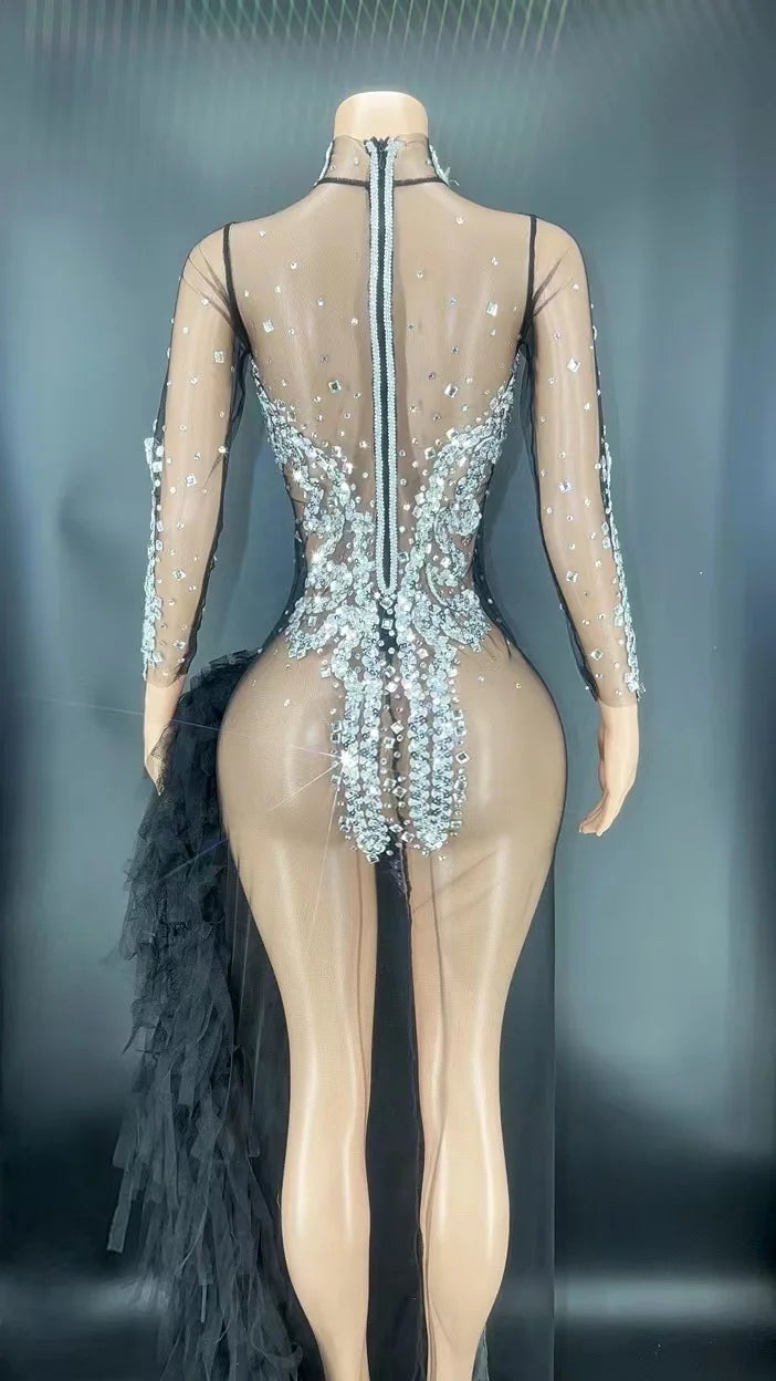 Sparkly Silver Sequin Long Sleeve Mesh Evening Dress High Split Stage Birthday Gown