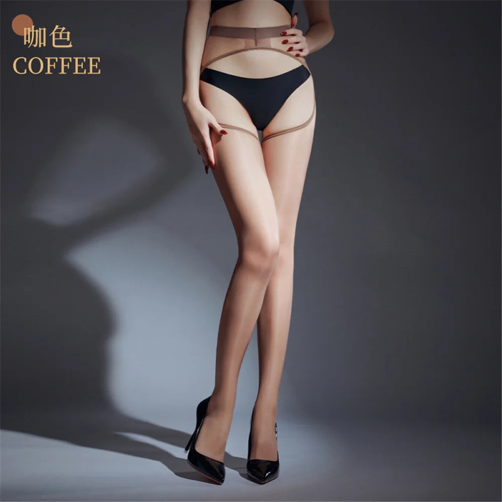 Sexy Women 1D Thin Open Big Crotch Pantyhose High Elastic Tights Oil Shiny Glossy Sheer See Through Maid Stockings