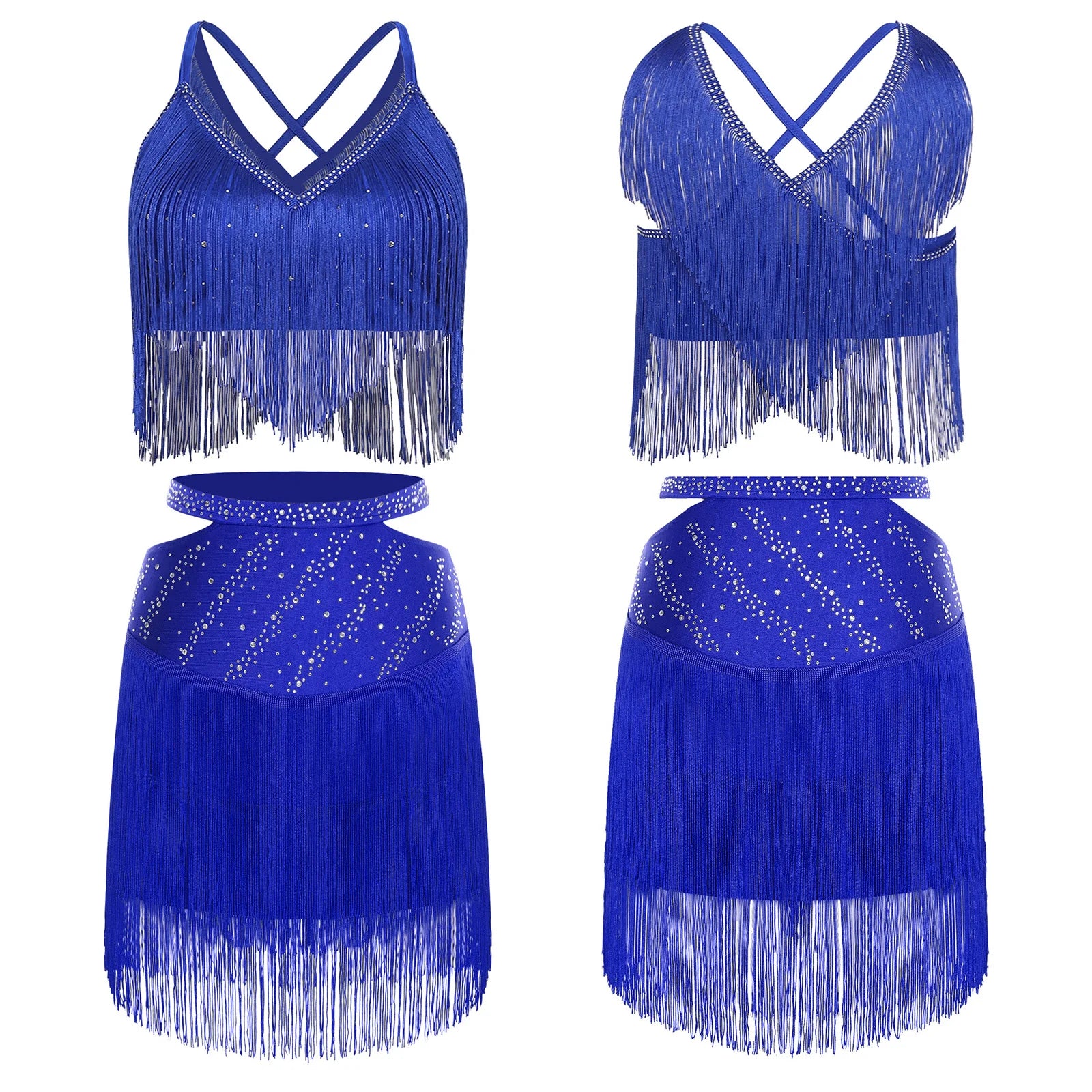 Sparkly Rhinestone & Tassel Fringe Two-Piece Latin Tango Dance Outfit Set