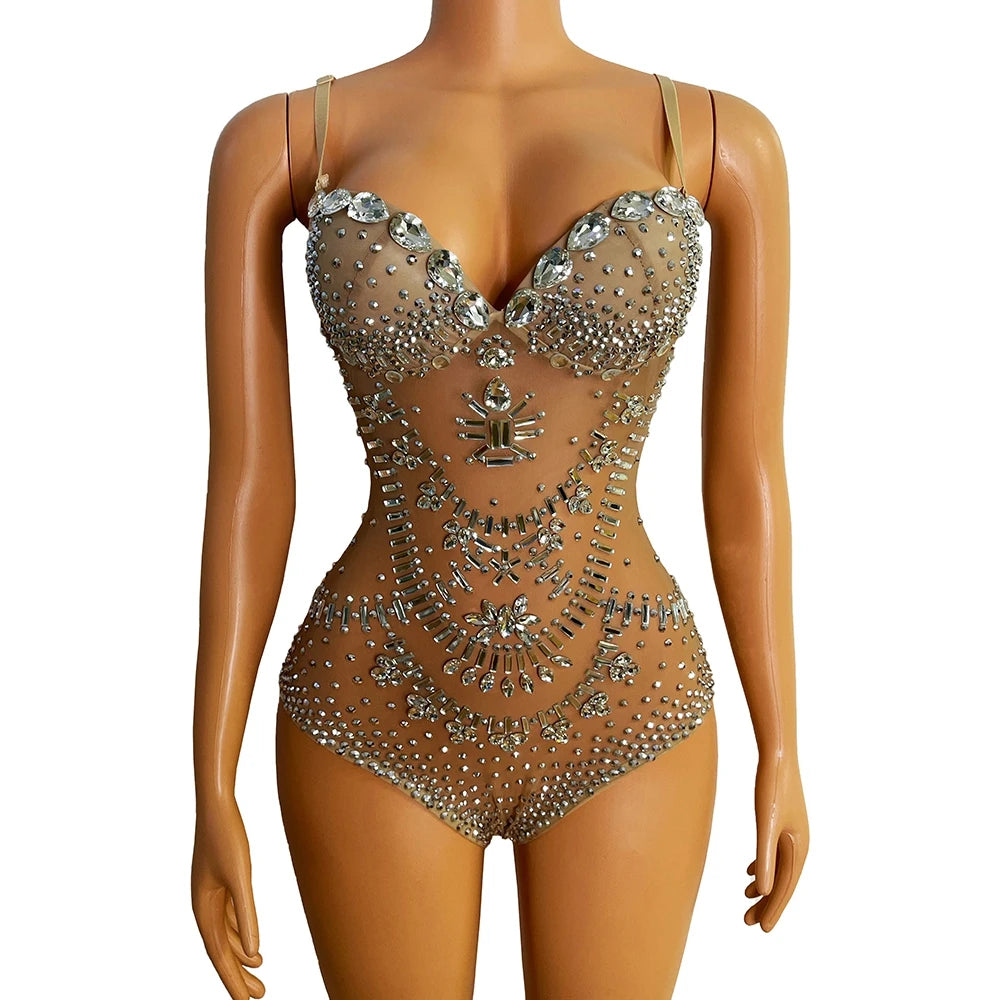 Sparkly Silver Crystal Rhinestone Mesh Leotard Stage Performance Costume